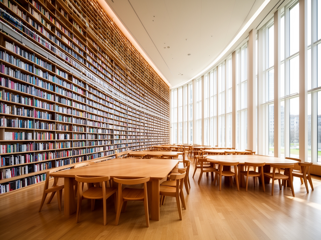 Svetla moderna biblioteka ili istraživački centar sa visokim policama punim knjiga, prirodnim svetlom koje pada kroz visoke prozore i drvenim stolovima