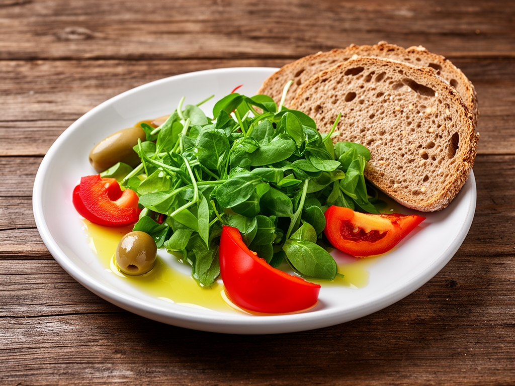Raznobojni tanjir sa mediteranskim jelom — svež zeleni salat, maslinovo ulje, crvena paprika i integralni hleb na rustičnom drvenom stolu