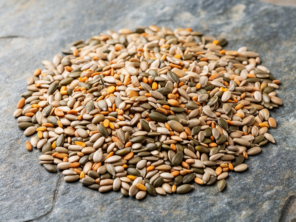 Raznovrsne semenke bogate omega masnim kiselinama — lanene, čia i suncokretove semenke rasute na kamenoj površini