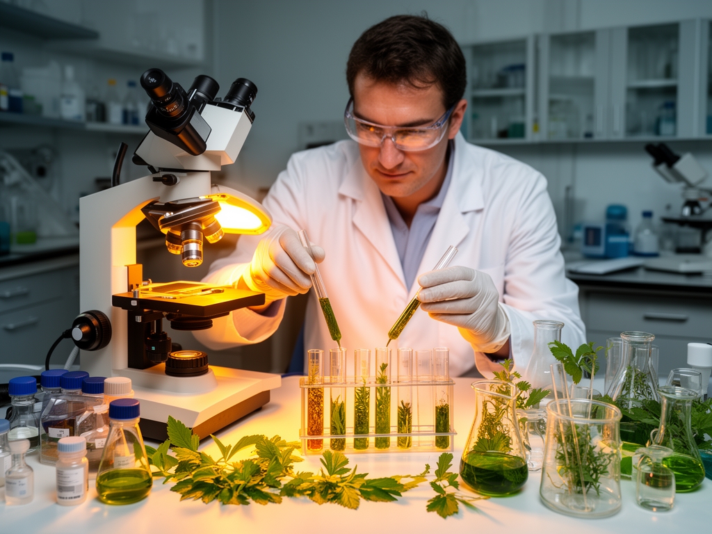 Naučnik u laboratoriji ispituje epruvete sa ekstraktima bilja pod toplim svetlom, sa preciznom opremom i organskim uzorcima na stolu