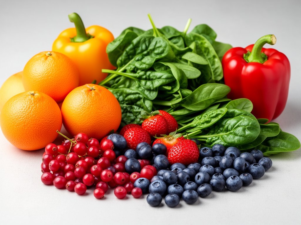 Bogata paleta voća i povrća bogatog vitaminima — narandže, paprika, spanać i bobičasto voće raspoređeni na svetloj površini
