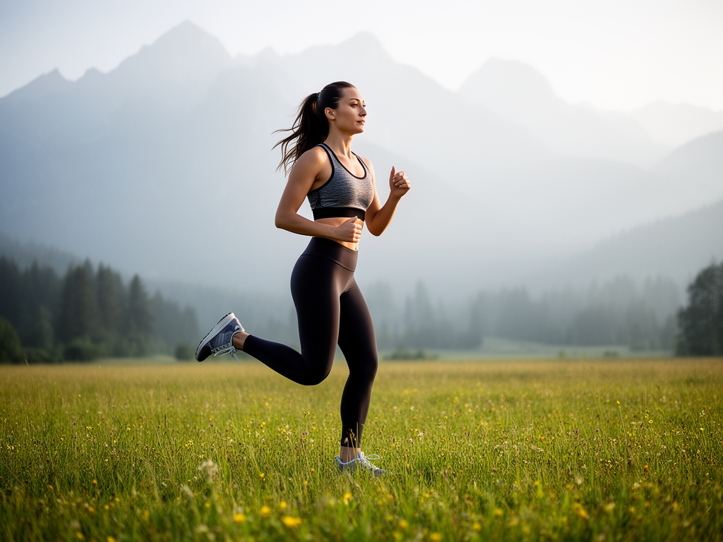 Žena koja se bavi jutarnjim jogom na livadi okruženoj prirodom, u mirnoj sceni sa izmaglicinim planinama u pozadini